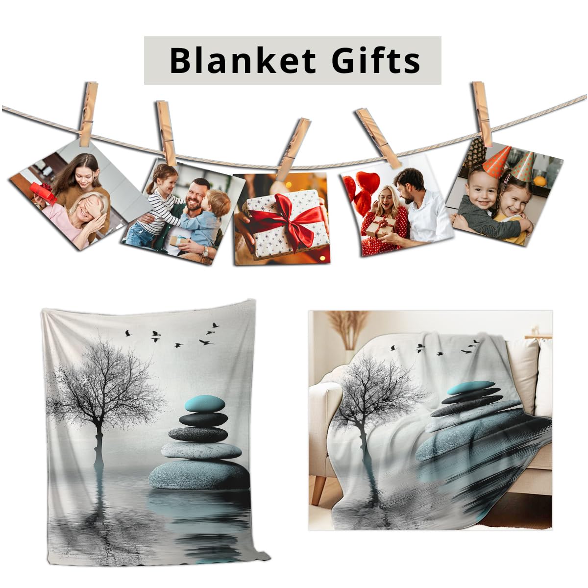 HUNXIAOJ Zen Stone Print Blanket Throw Soft Spa Zen Flannel Blanket for Home Bedding Couch Bed Yoga Room Meditation Decor Gifts (49"x59")