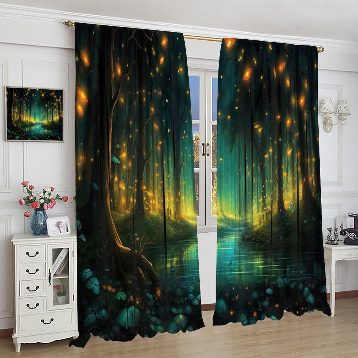 SYZWWSYX Magic Forest Window Curtains, Fantastic Trees Stream Flying Fireflies Pattern Print Drapes for Kitchen Bedroom Living Room Window Treatments 2 Panel Sets, 42x45 Inch