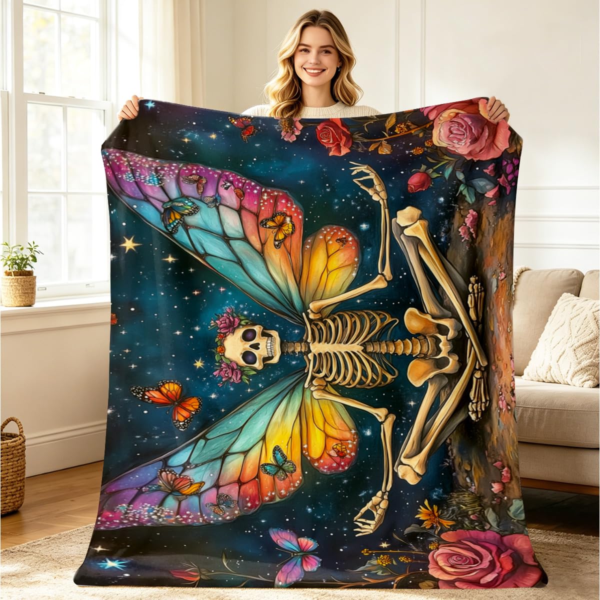 HUNXIAOJ Skeleton Butterfly Floral Blanket Throw Gothic Skull Blanket Soft Flannel Skeleton Bedding Whimsical Decor for Couch Bed Living Room Home Halloween Yoga Meditation Gifts 49"x59"
