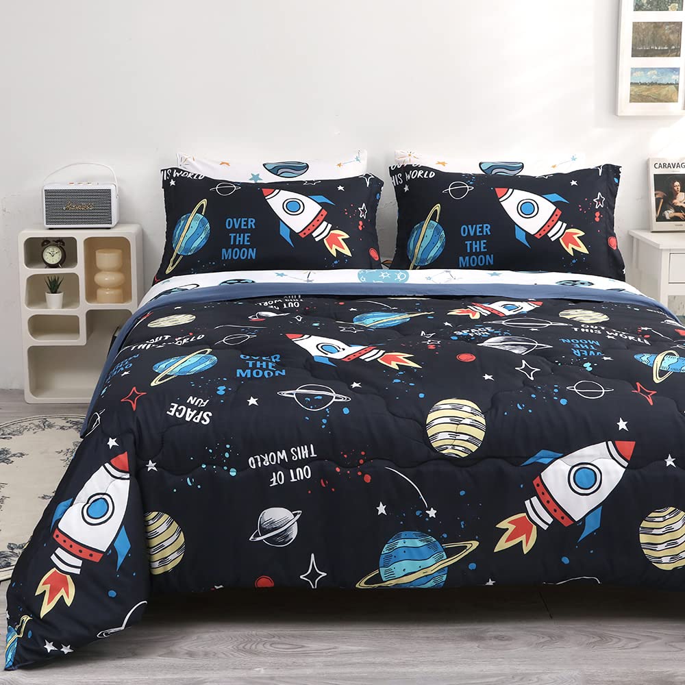 Wajade Kids Space Comforter Set Bed in A Bag Queen Size 7 Piece 3D Space Rocket Planets Bedding Set for Teens Boys Girls (1 Comforter, 1 Flat Sheet, 1 Fitted Sheet, 2 Pillowcase and 2 Pillow Sham)