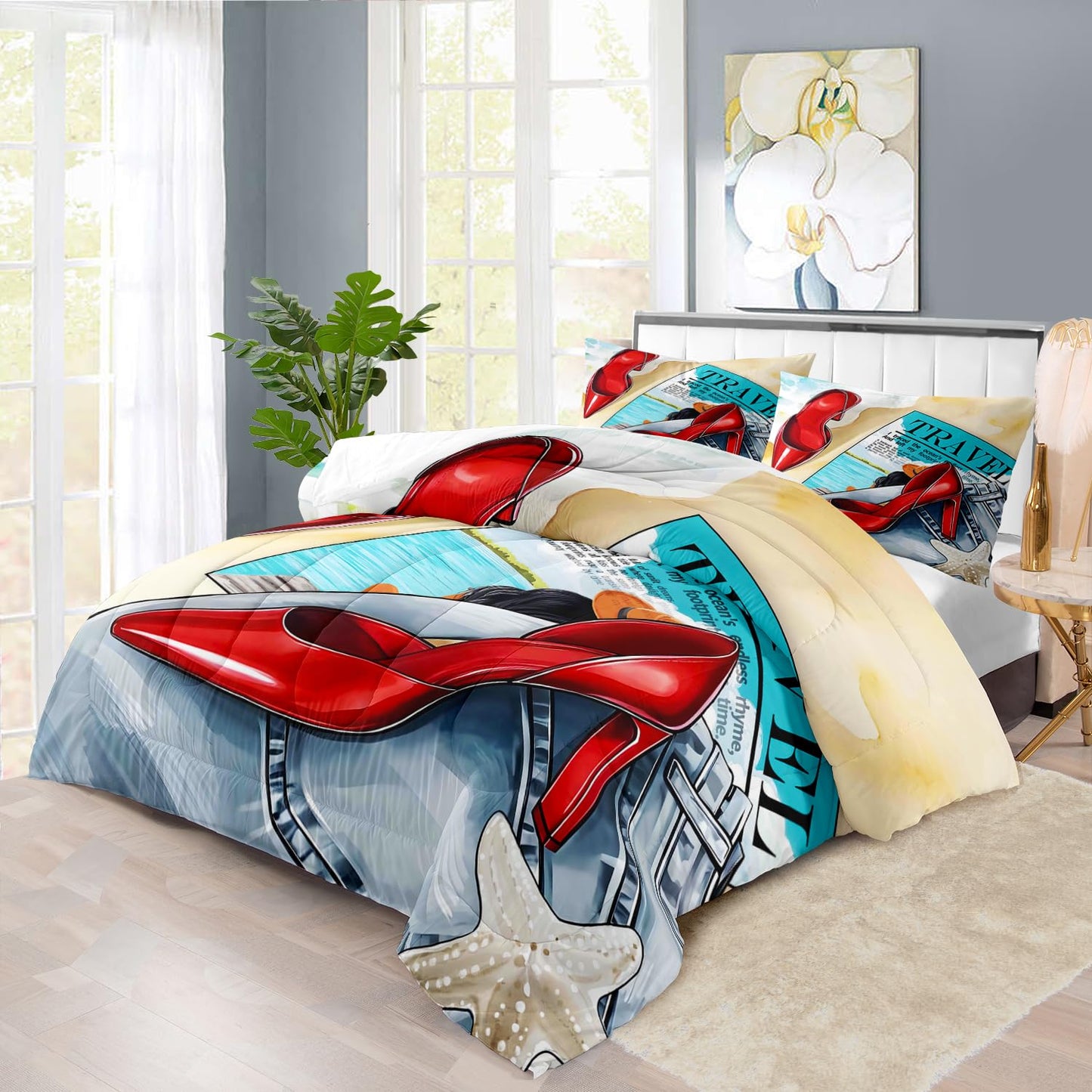 llyxsesty Queen Size Comforter Set, Red High Heels Fashion Bedding Set for Women, Elegant Modern Quilt Set with Pillowcases, Soft Boho Bed Set for Bedroom Decor
