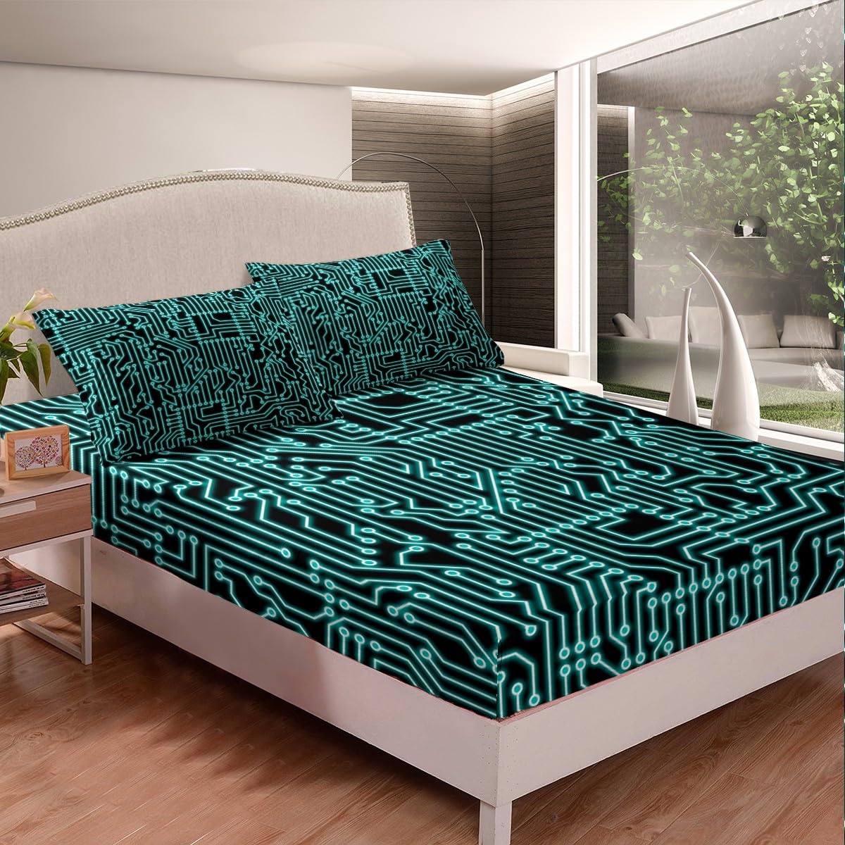 Erosebridal Circuit Board Fitted Sheet Queen Size, Science and Technology Bed Sheets for Kids Boys Teens Adult Bedroom, Print Chips Teal Bedding Set Stripe Sheets