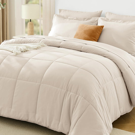 JOLLYVOGUE Queen Comforter Set, Ultra-Soft Bed in a Bag Queen Size 7 Pieces, Oeko-TEX Certified Bedding Set with Down Alternative Comforter, Sheets, Pillowcases & Shams, Beige