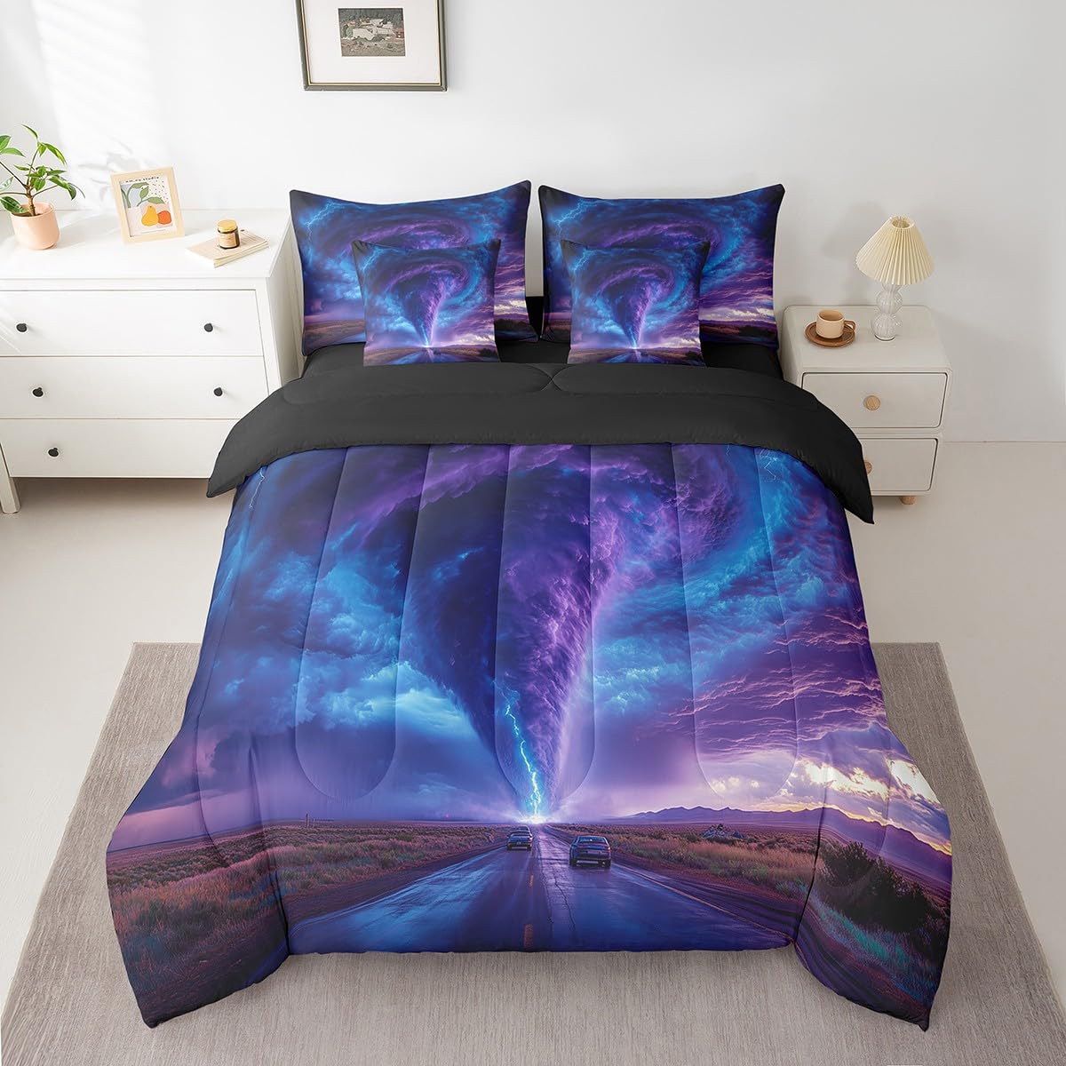 Erosebridal Nature 7 Pcs Comforter Set Queen Size,Ombre Lightning Tornado Bed in a Bag with Flat Fitted Sheet for Kids Teens Adult,Dreamy Purple Blue Bedding Set with Pillowcase and Sham Reversible