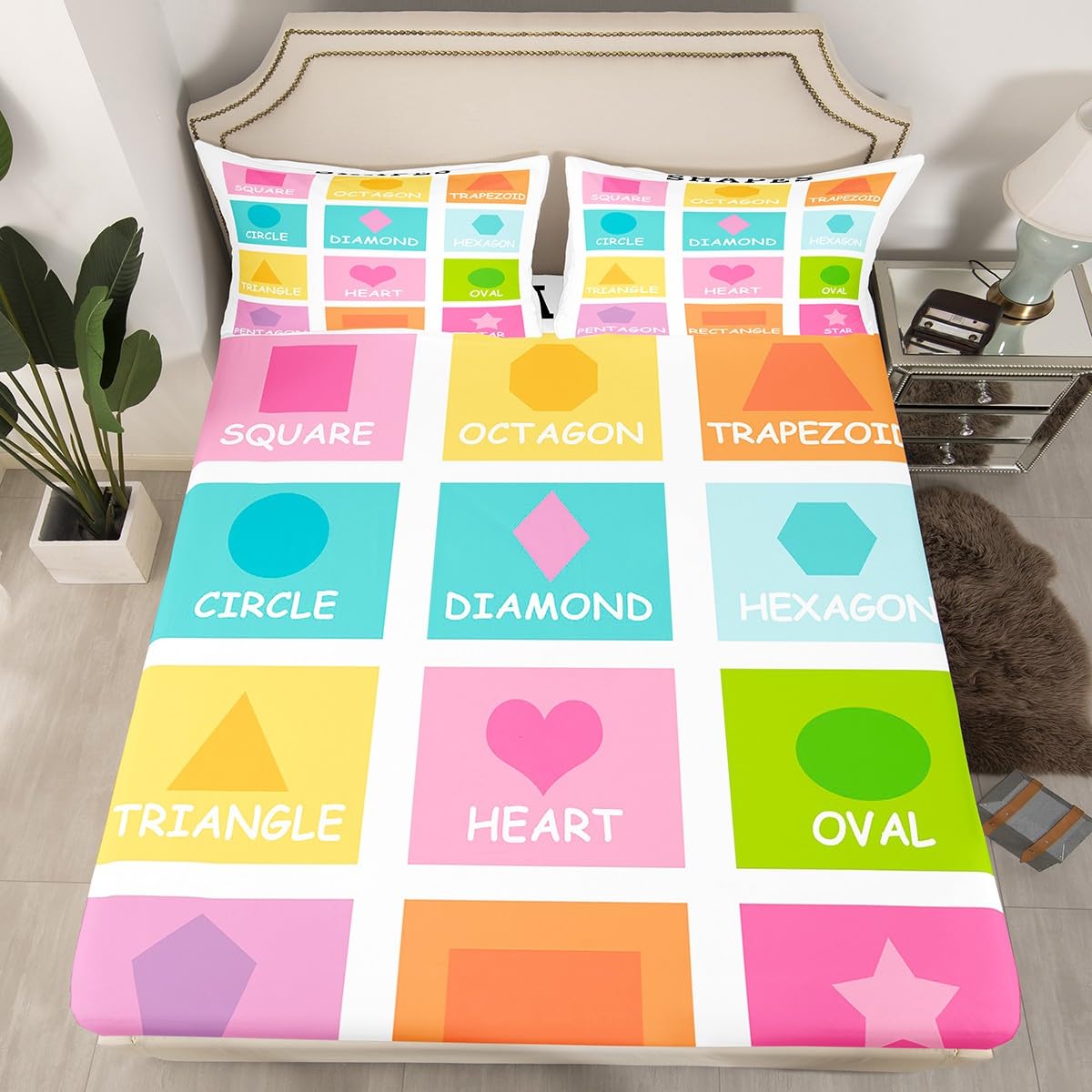 Feelyou Kids Shapes Fitted Sheet Twin Size, Educational Bed Sheet Set Boys Girls Preschool Bedding Set Learning Teens Bedroom Decor Lightweight Bed Set (No Flat Sheet)