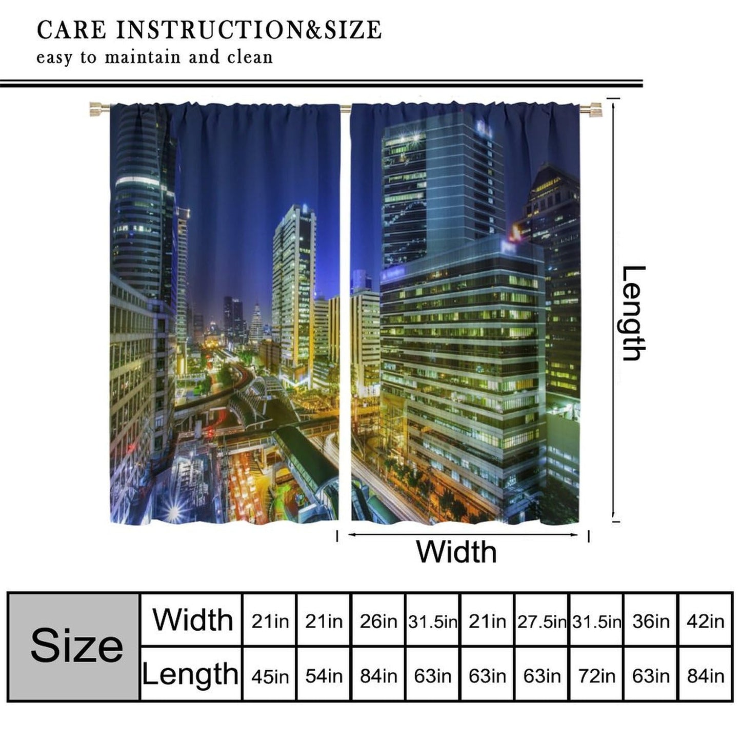 Bangkok City Curtains, Thailand Downtown Night View Modern Building Business Print Window Drapes for Bedroom Living Room, 42" W X 45" L