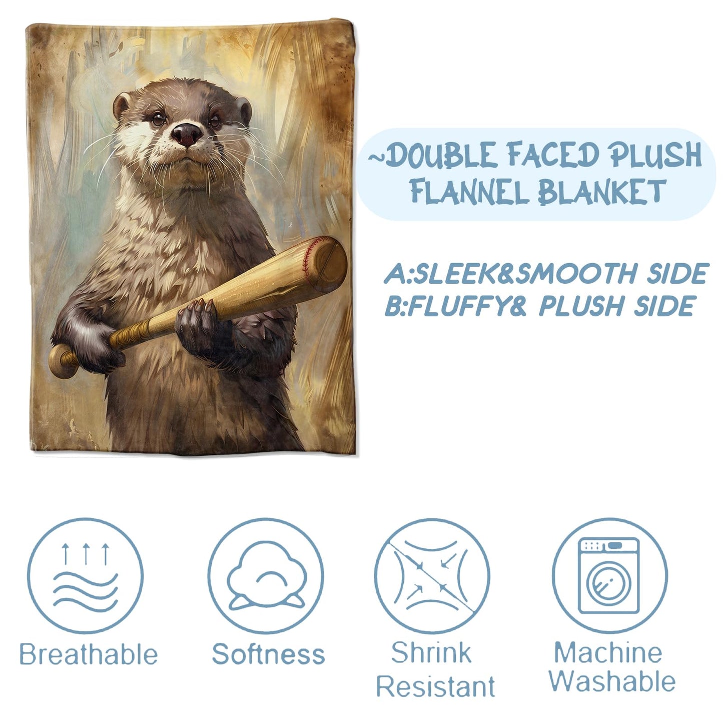 Zeleda Otter Blanket,Gifts for Humor Lovers,Lightweight Flannel Throw Blankets,Cartoon Animal with Baseball Bat Throws Home Decor,for Couch Living Room Office,60x50inch