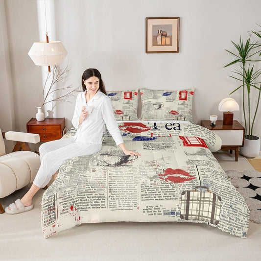 London Kids Comforter Set Twin Size,Famous England City Building Bedding Set,Boys Girls Adults Room Decor,Telephone Booth Old Newspaper Graffiti Down Comforter,Vintage Duvet Insert,1 Pillowcase