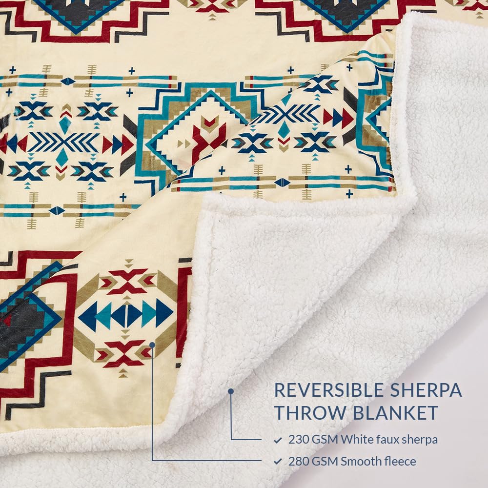 Paseo Road Indigo Hill by HiEnd Accents Spirit Valley Aztec 3 Piece Sherpa Throw Blanket Set, Tribal Navajo Print Fleece Throw Set, Western Southwestern Style, 1 Throw and 2 Throw Pillows