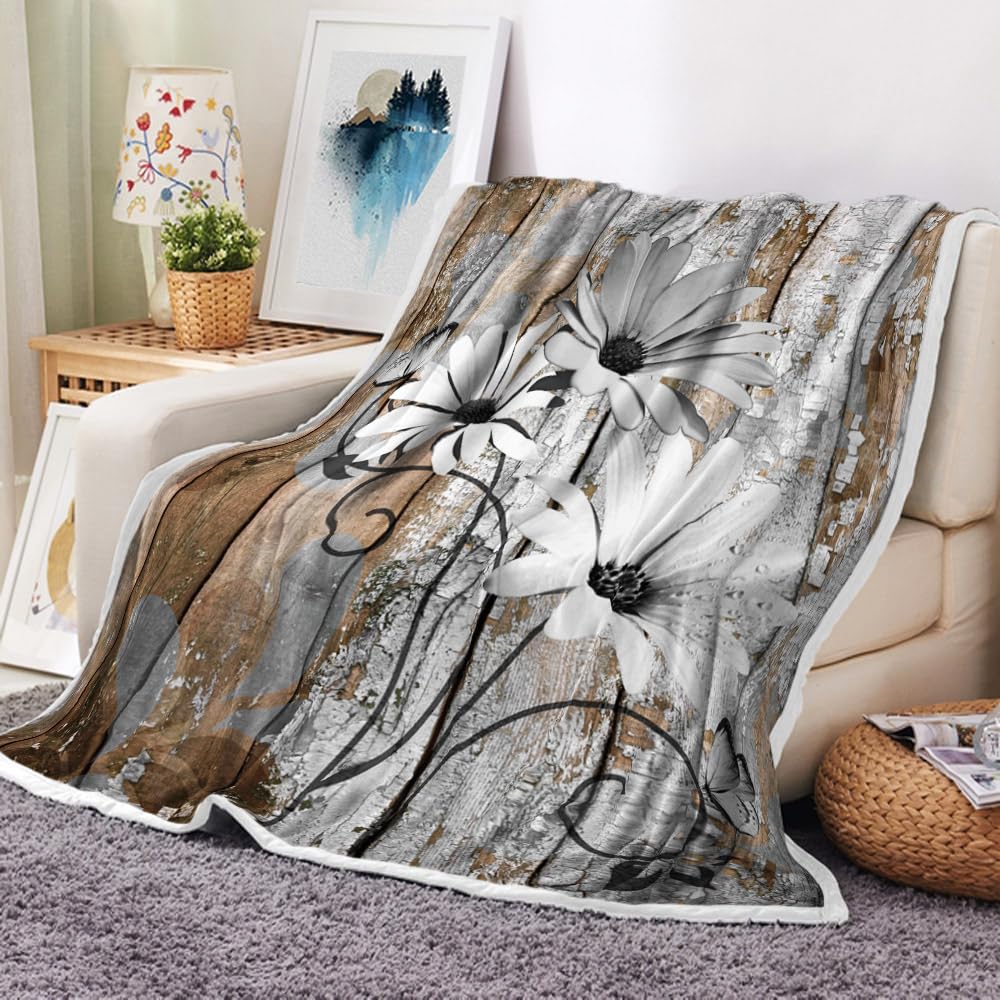 JAWO Farmhouse Flower Floral Throw Blanket, Rustic Grey Daisy Fleece Cozy Warm Bed Couch Blanket, Country Grey Brown Fleece Flannel Throws to Decorate The Room and Bedroom Warm Blanket 50X60IN