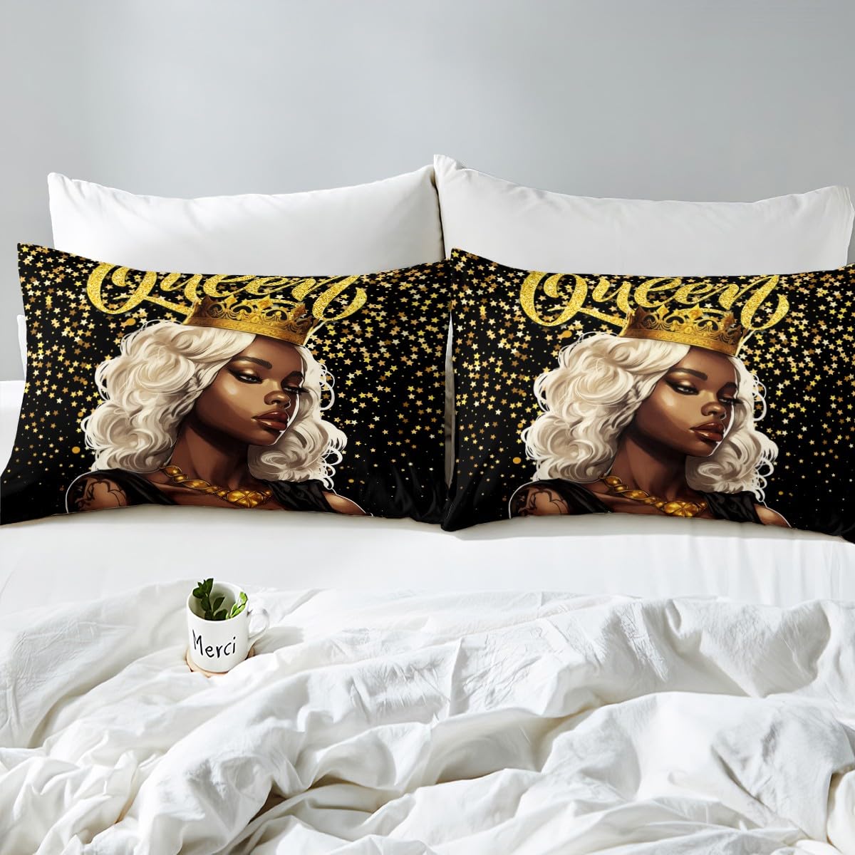 Black Girls Duvet Cover Set Queen Size,African Style American Fashion Woman Comforter Cover,Golden Glitter Queen Crown Bedding Set Teens Men Adult Room Decor,Modern Black Quilt Cover,2 Pillowcases