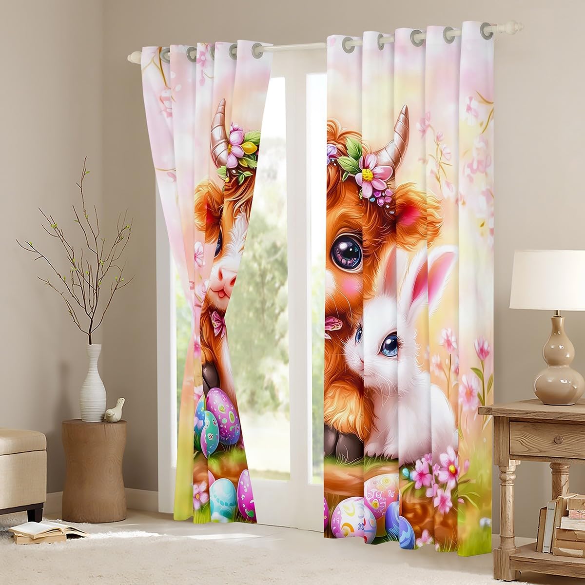 Feelyou Kids Pink Rabbit Highland Cow Curtains,Egg Floral Rabbit Window Curtains for Bedroom Living Room,Dreamy Princess Window Drapes,Happy Easter Blackout Curtains, 42W X 84L,2 Panels