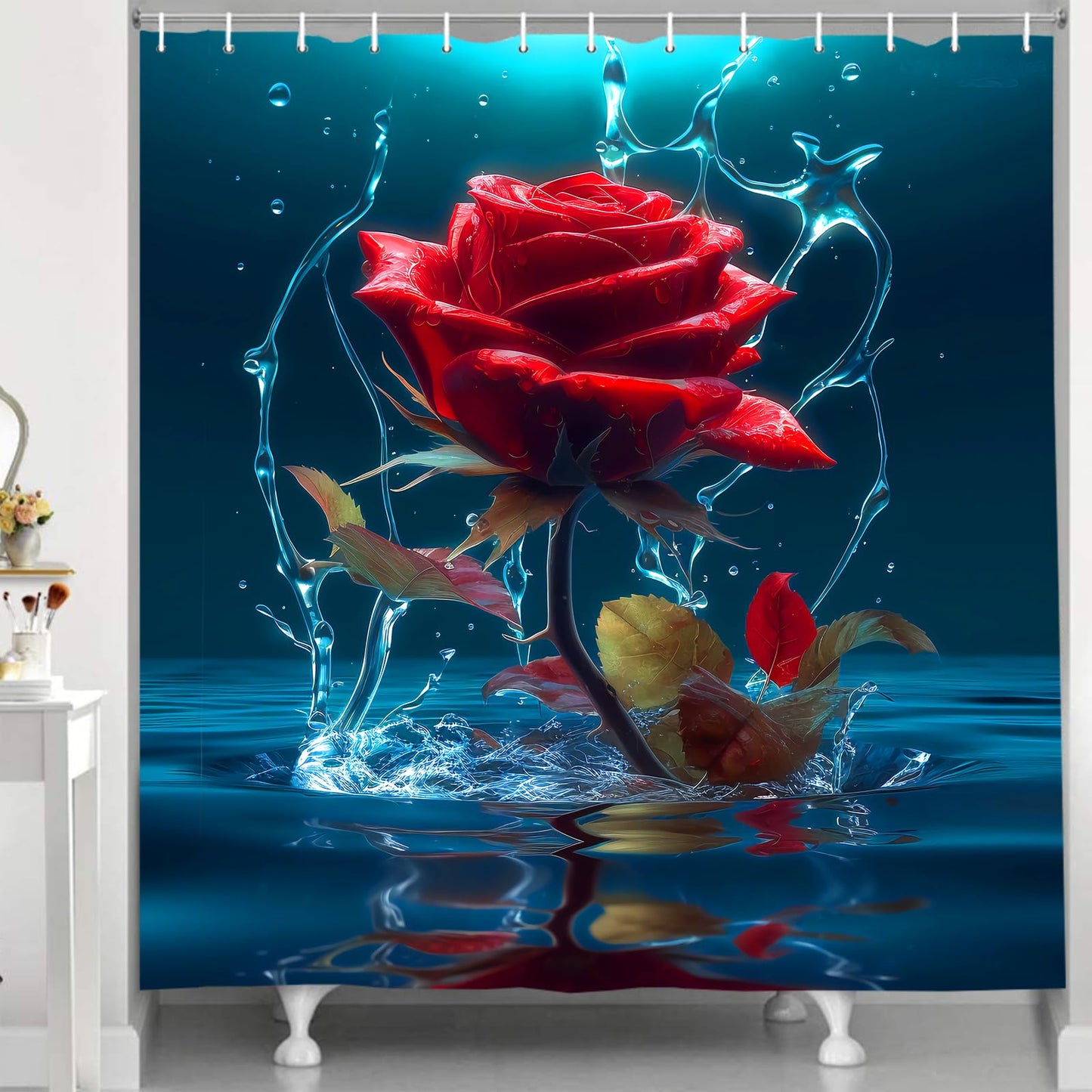 Jirown Red Rose Shower Curtain Sets 4 Pcs,Non-SlipRugs Bath Mat Toilet Cover U Shaped Mat Black Red Shower Curtain with 12 Hooks,Durable Bathroom Decor Set