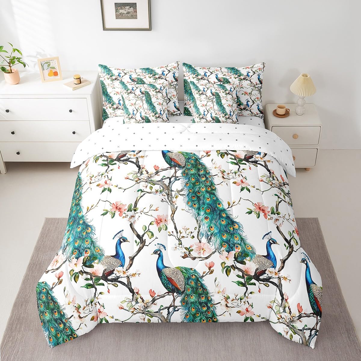 jejeloiu Peacock Comforter Set 7 Pieces Full Size Kids Cherry Flower Bed in a Bag for Boys Girls Royal Peacock Bird Bedding Set Green,Comforter + Sheets + Pillowcases + Cushion Covers