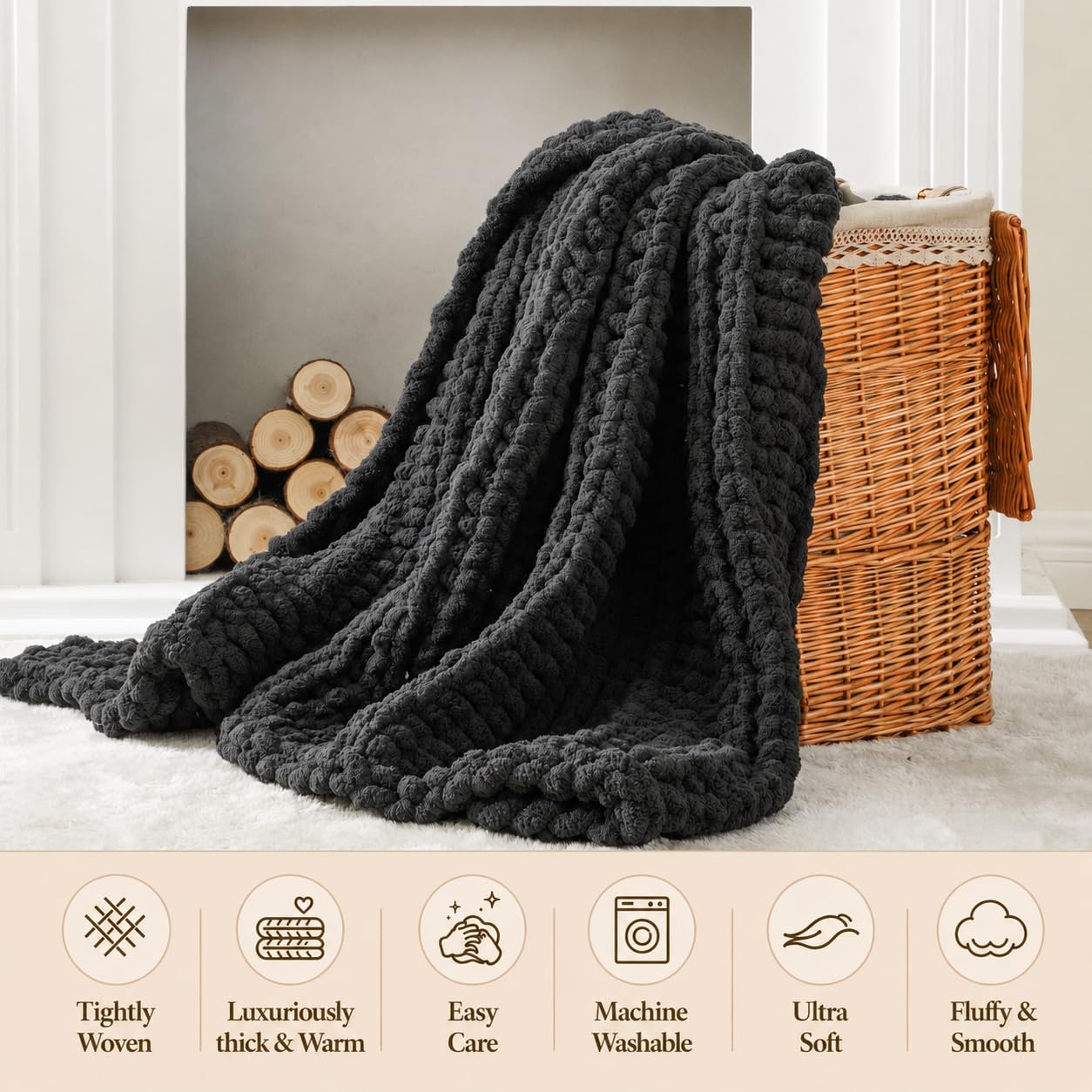 Battilo Chunky Knit Throw Blanket for Couch, Hand Made Chenille Throw Blanket, Super Soft Warm Cozy Charcoal Blanket for Bed, Sofa, Living Room, 50"x60"