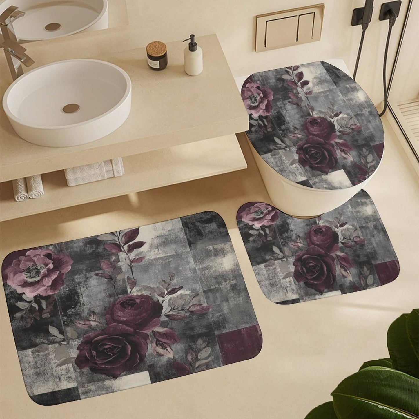 DIPQIMI 4Pcs Red Rose Patchwork Shower Curtain Sets with Rugs, Toilet Lid Cover and Bath Mat, Classic Art Flower Bathroom Shower Curtains Set with 12 Hooks