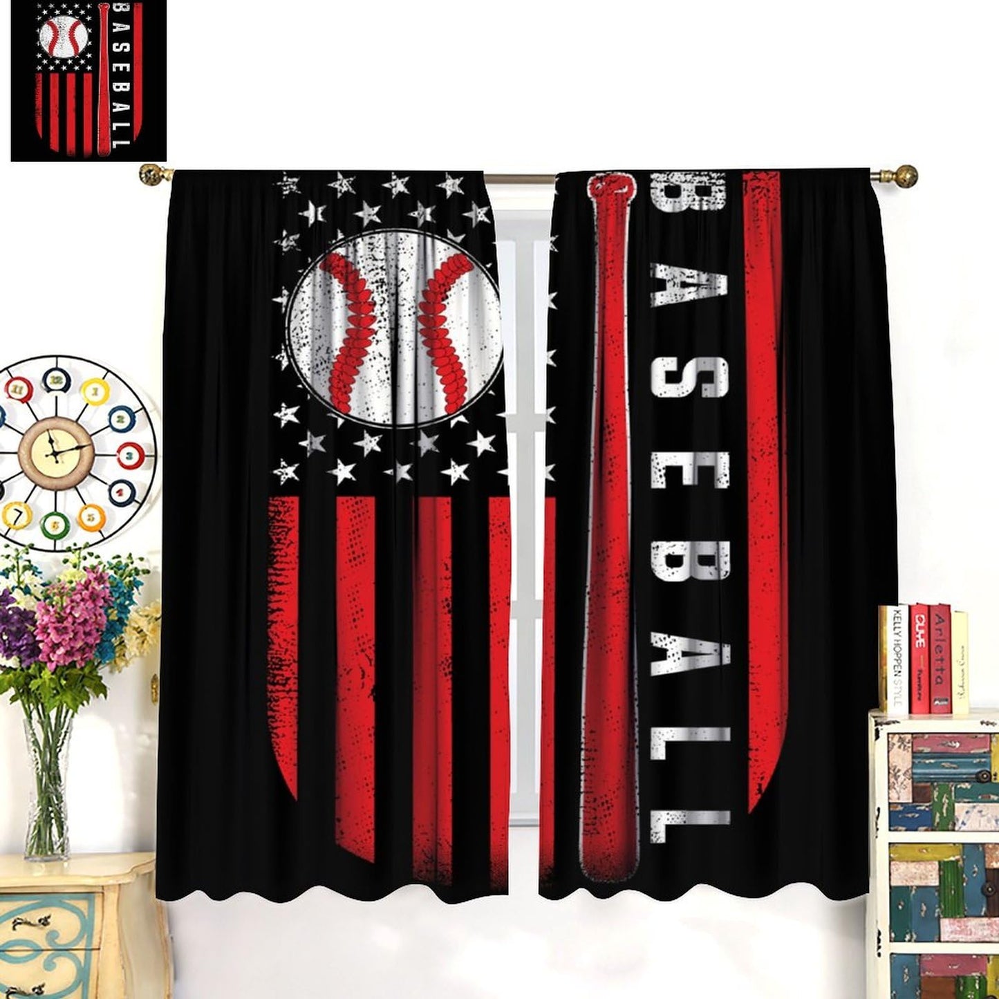 Baseball Curtains Home Décor,Sports Themed Flag Design Darkening Window Treatments for Teens Girls Boys Bedroom Living Room Drapes 2 Panel Sets Total Size 42" x 45"Black Red