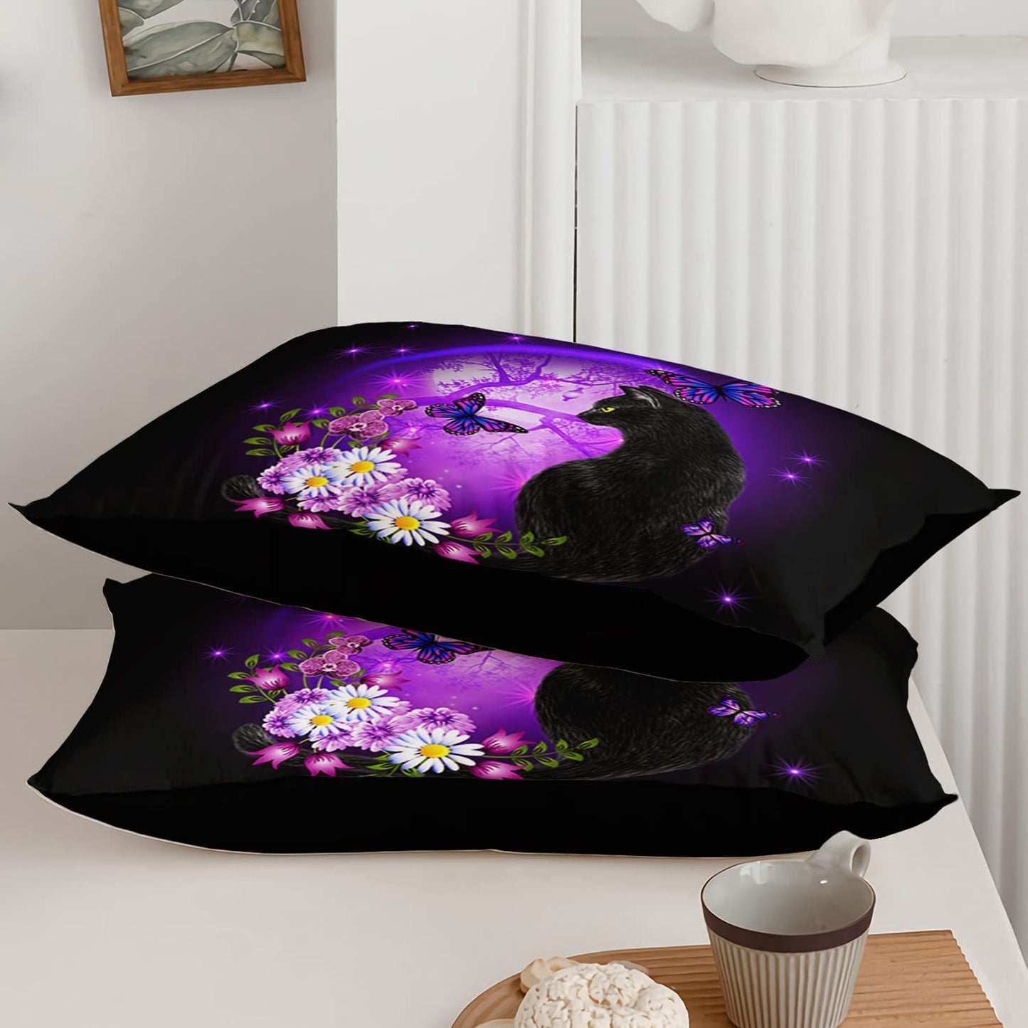 Black Cat Bedding Cartoon Cat Comforter Set Twin,Daisy Butterflies Printed Kids Bedding Set for Kids Boys Girls Adults Room Decor,Kids Comforter Set All Season,1 Quilt 2 Pillow Cases