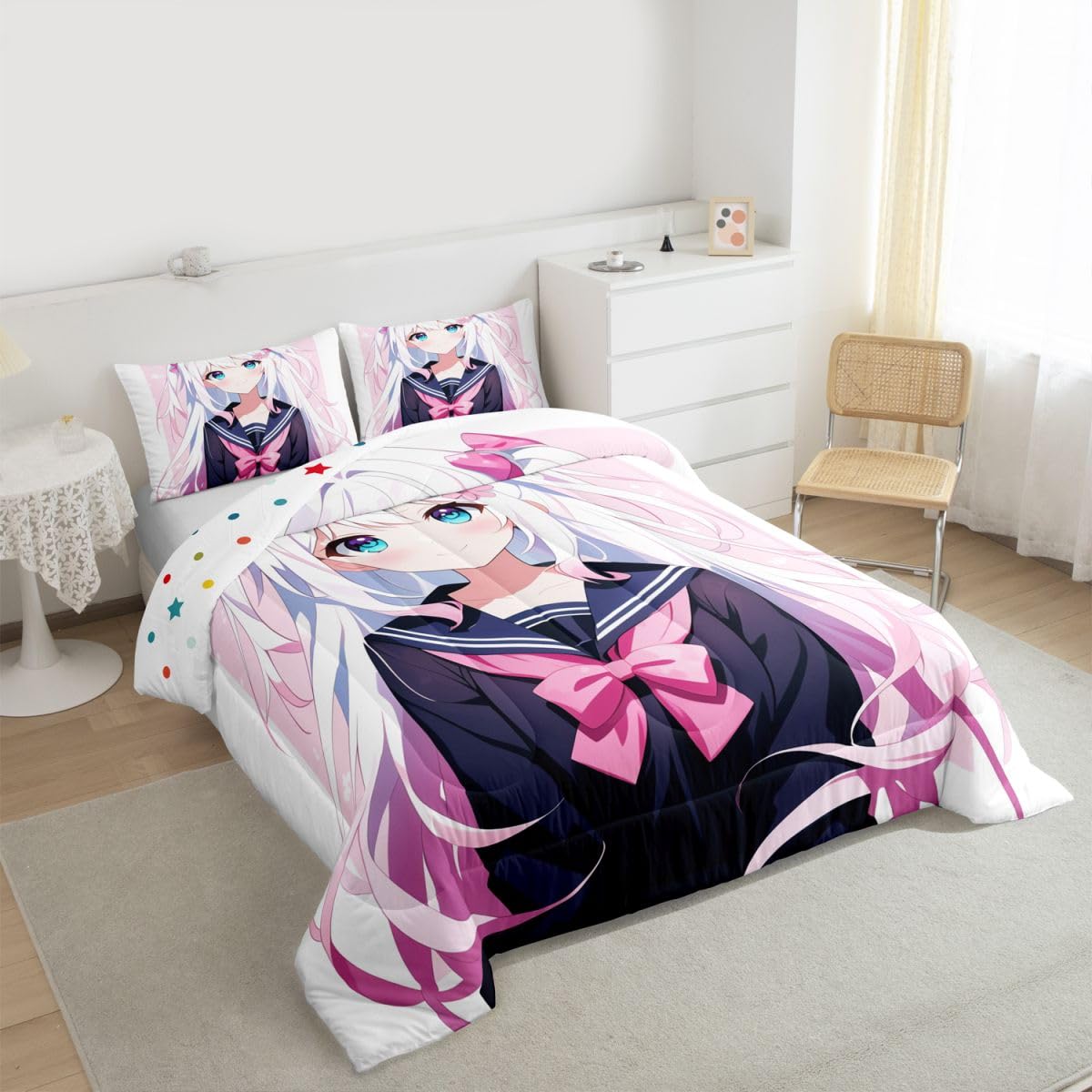 Erosebridal Kawaii Japanese Girl Comforter Set Cartoon Anime Bedding for Kids Boys Girls 3D Japanese Style Bedding Comforters & Sets Sailor Suit Uniform Girl Design Duvet Insert Full Size