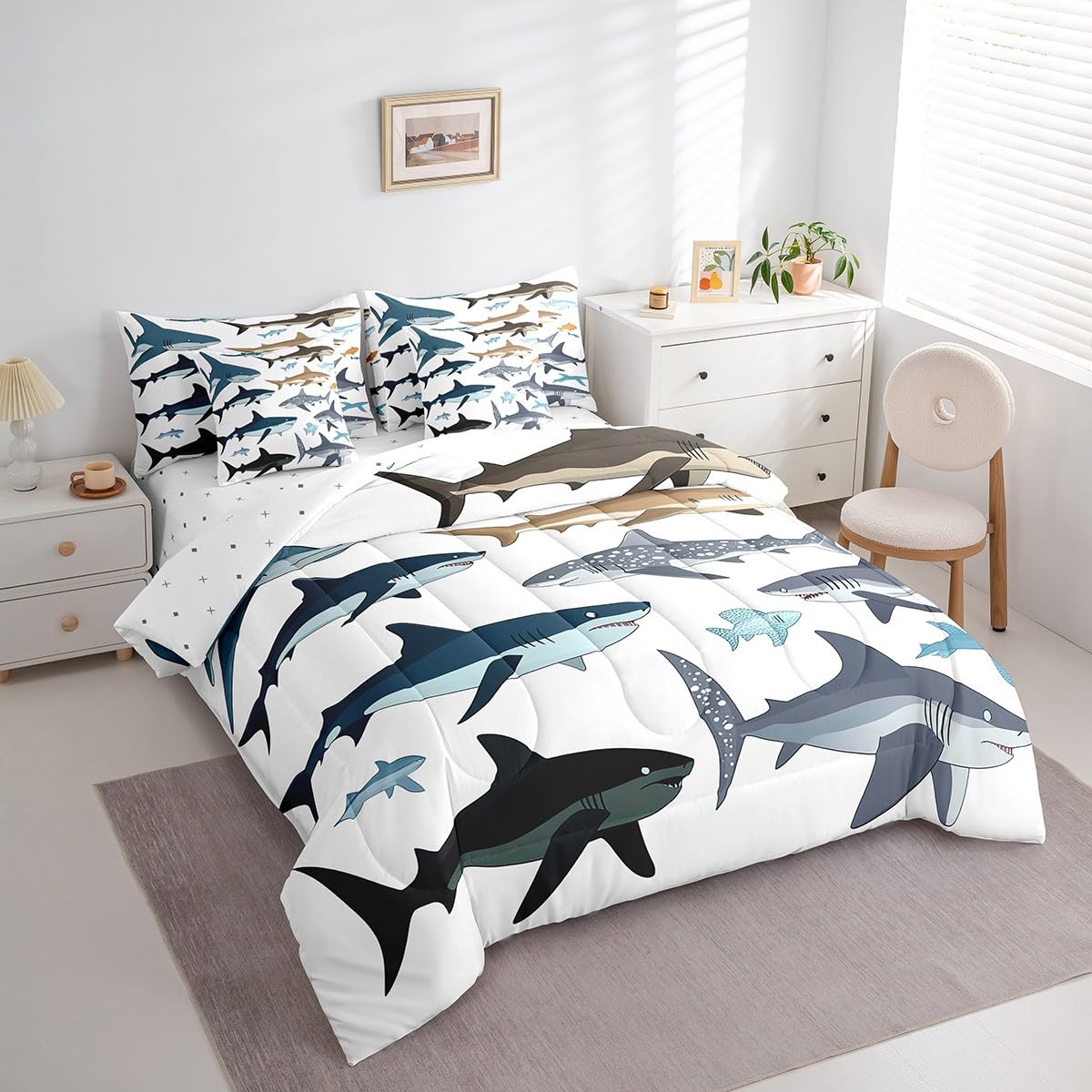 jejeloiu Cute Shark Comforter Set 7 Pieces Full Size Kids Ocean Sea Animal Bed in a Bag for Boys Girls Sea Underwater World Bedding Set Summer,Comforter + Sheets + Pillowcases + Cushion Covers