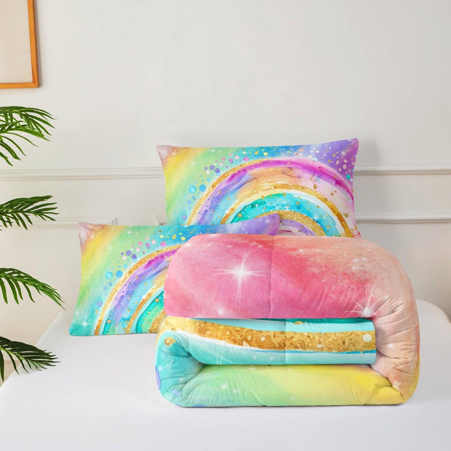 lneffble Cute Rainbow Twin Comforter Set for Girls，Pastel Tie Dye Rainbow Twin Bedding Set Kids，Galaxy Kids Bed Comforter Sets