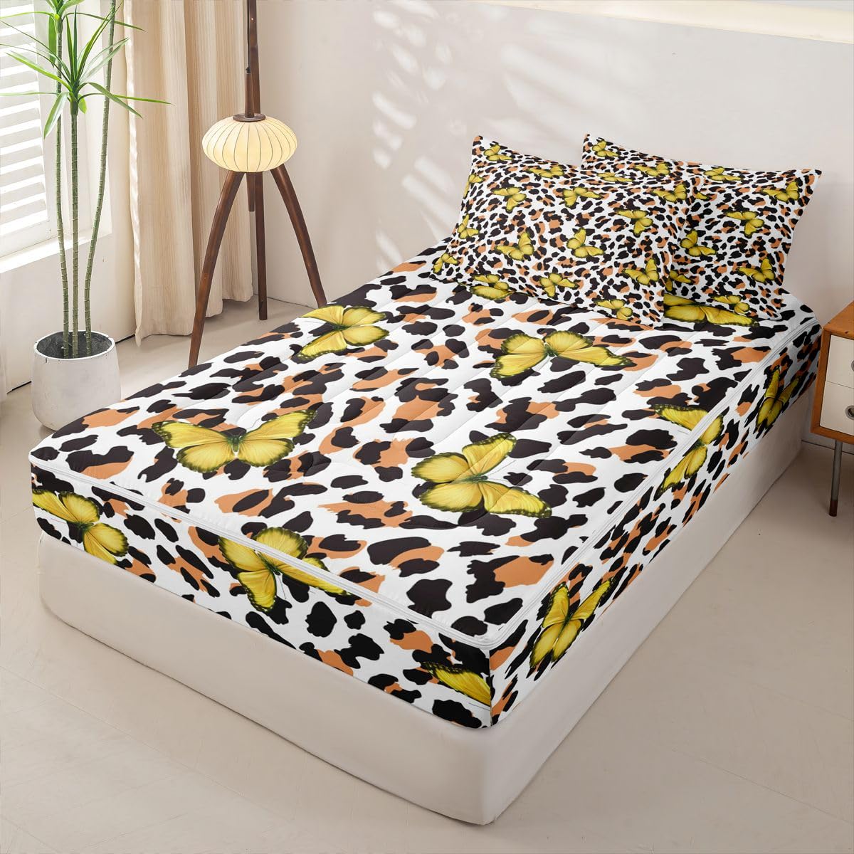 Feelyou Leopard Print Zipper Bedding Queen Yellow Butterfly Zipper Bedding Sets for Kids Boys Girls Girl Butterflies Comforter Set with Fitted Sheet and 2 Pillowcases Bedroom Decor