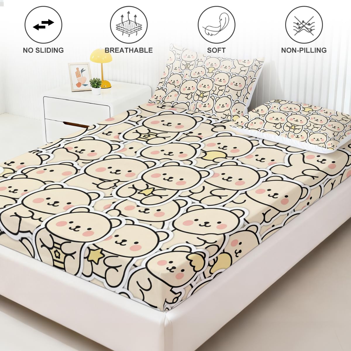 ARIGHTEX Cute Bear Fitted Sheet Set Twin Size, 3 Pieces Soft Cozy Kawaii Bear Bedding for Comfort Sleep, Neutral Cartoon Teddy Microfiber Deep Pocket Bed Sheets with 2 Pillowcases (No Flat Sheet)