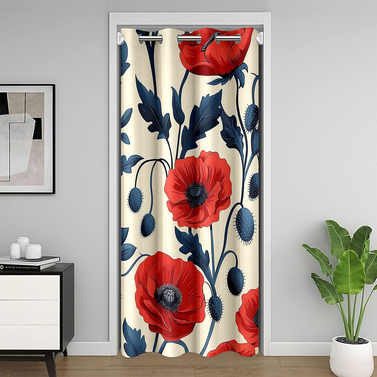 Feelyou Flower Door Curtain for Doorway Privacy Red Floral Closet Cover Botanical Room Divider Curtain 42" x 84" Floral Flower Blossom Printed Bedroom Living Room Spring Garden Window Treatments