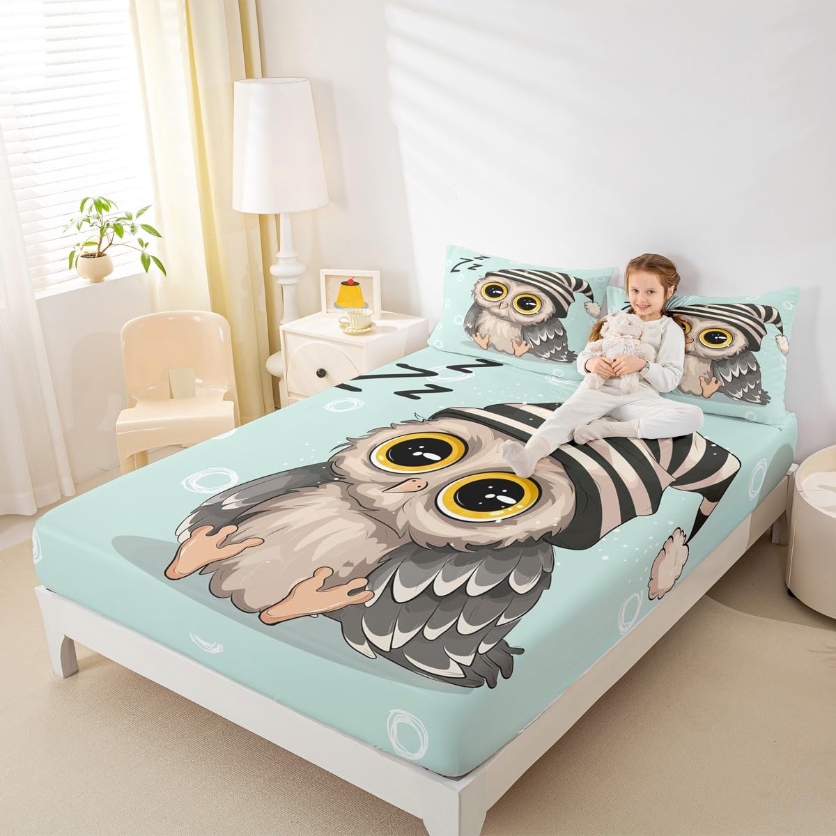 Manfei Owl Sherpa Fitted Sheet Full,Sleeping Sign Bedding Set 3pcs for Kids Teens Girls Room Decor,Contemporary Style Bed Cover Light Green Bed Sheet Set with 2 Pillowcases