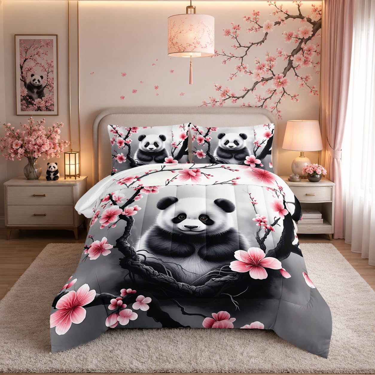 HOSIMA Panda Twin Comforter,Cute Panda Sitting Surrounded by Flowers on Branches,Gray White Ink Background Pattern Animal Bedding for Kids Boys Girls Room Decor,Cute Bedding with 2 Pillowcases.