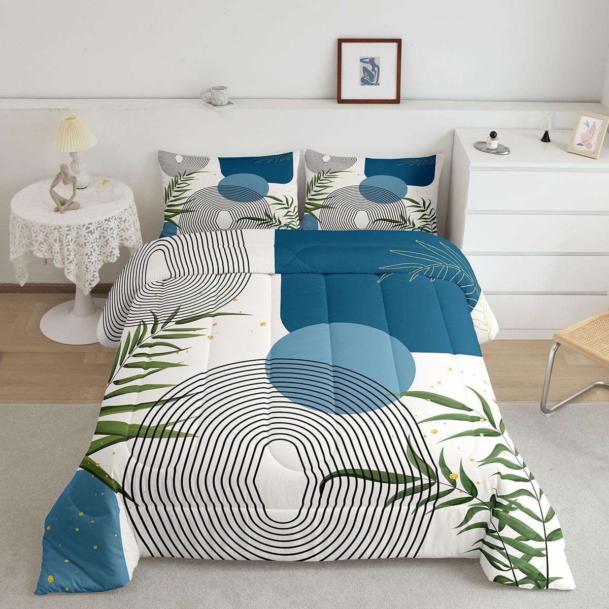 Erosebridal Boho Mid Century Twin Comforter Set, Green Sage Bedding Set for Kids Teens Men Women Bedroom, Modern Bohemian Minimalist Comforter, Contemporary Abstract Geometric Aesthetic Quilt