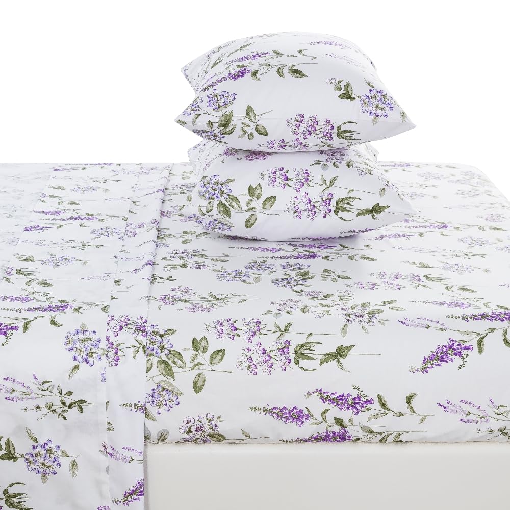 DAUAOTO King Size Cotton Bedding Printed Sheets Set, Up to 14" Deep Mattress, Velvet Purple Floral Pattern Bedlinen Sets, Provence Lavender