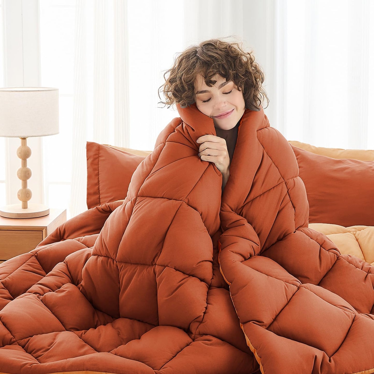MUXHOMO 7 Pieces California King Comforter Set, Reversible Bed in a Bag Cal King Size, All Season Bedding Set with Comforter, Flat Sheet, Fitted Sheet, Pillowcases & Shams, Burnt Orange & Camel