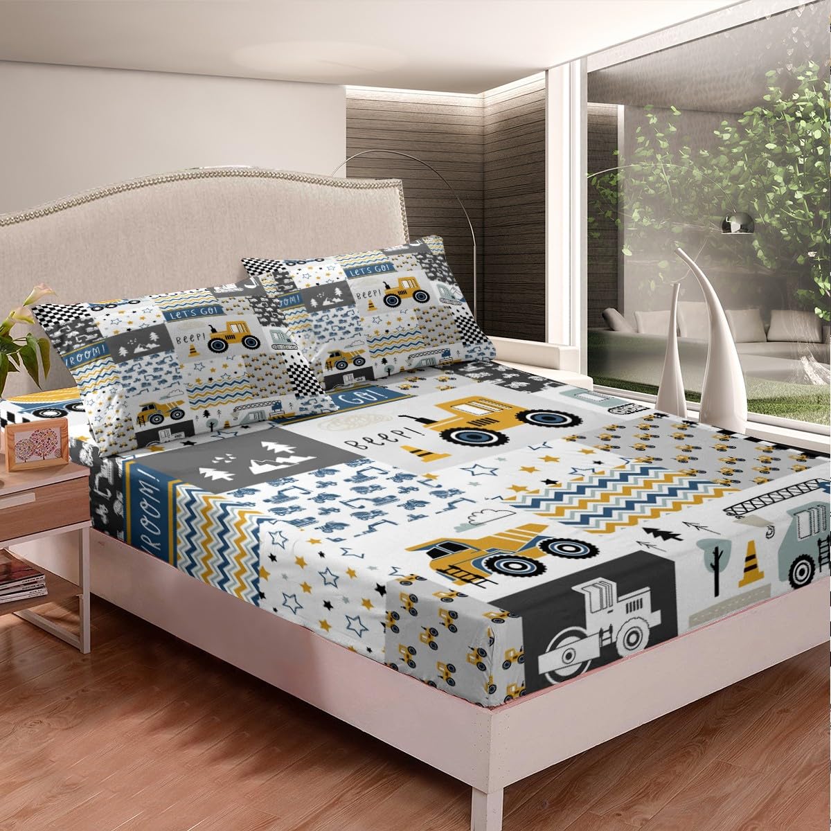 Cartoon Cars Kids Fitted Sheet Full Size,Construction Vehicle Trucks Tractor Bedding Set,Boys Room Decor,Geometric Plaids Excavator Star Stripe Bed Cover,Chic Bed Sheet,2 Pillowcases