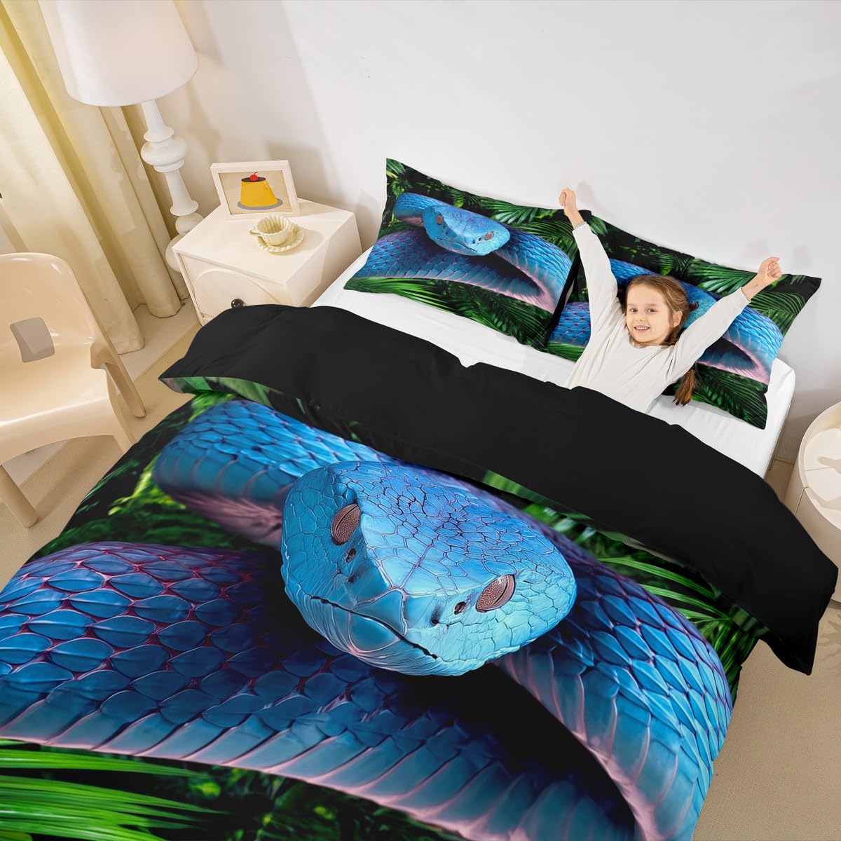 Erosebridal Snake Comforter Cover, 3D Python Duvet Cover, Palm Leaf Bedding Set Full Size, Reptile Tropical Theme Quilt Cover for Kids Boys Girls Teens Living Room Decorative