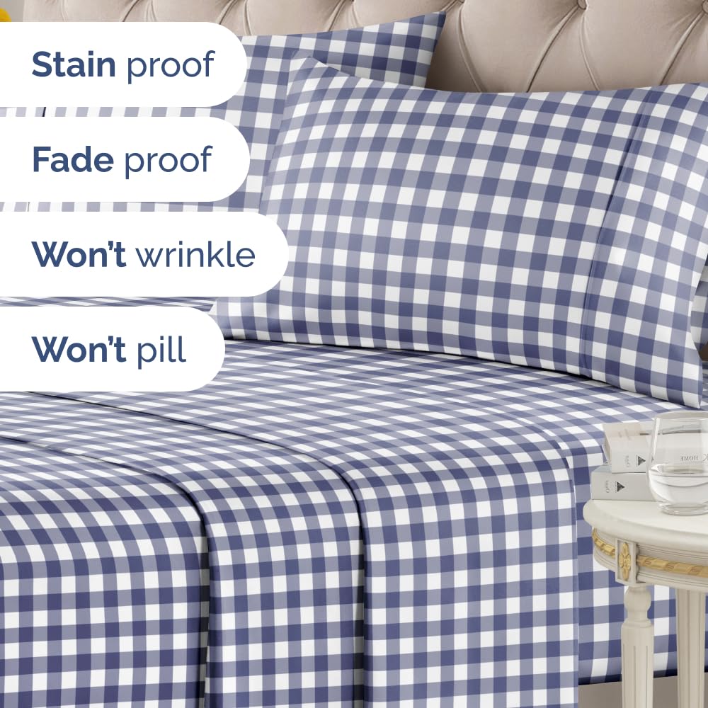 Blue Checkered Sheet Set - 1 Flat & 1 Fitted Sheet & 2 Pillowcases w/ Deep Pockets - Grid, Plaid, Gingham Pattern Bed Set - Comfy, Wrinkle & Fade Resistant - Soft, Breathable and Cooling - Queen Size