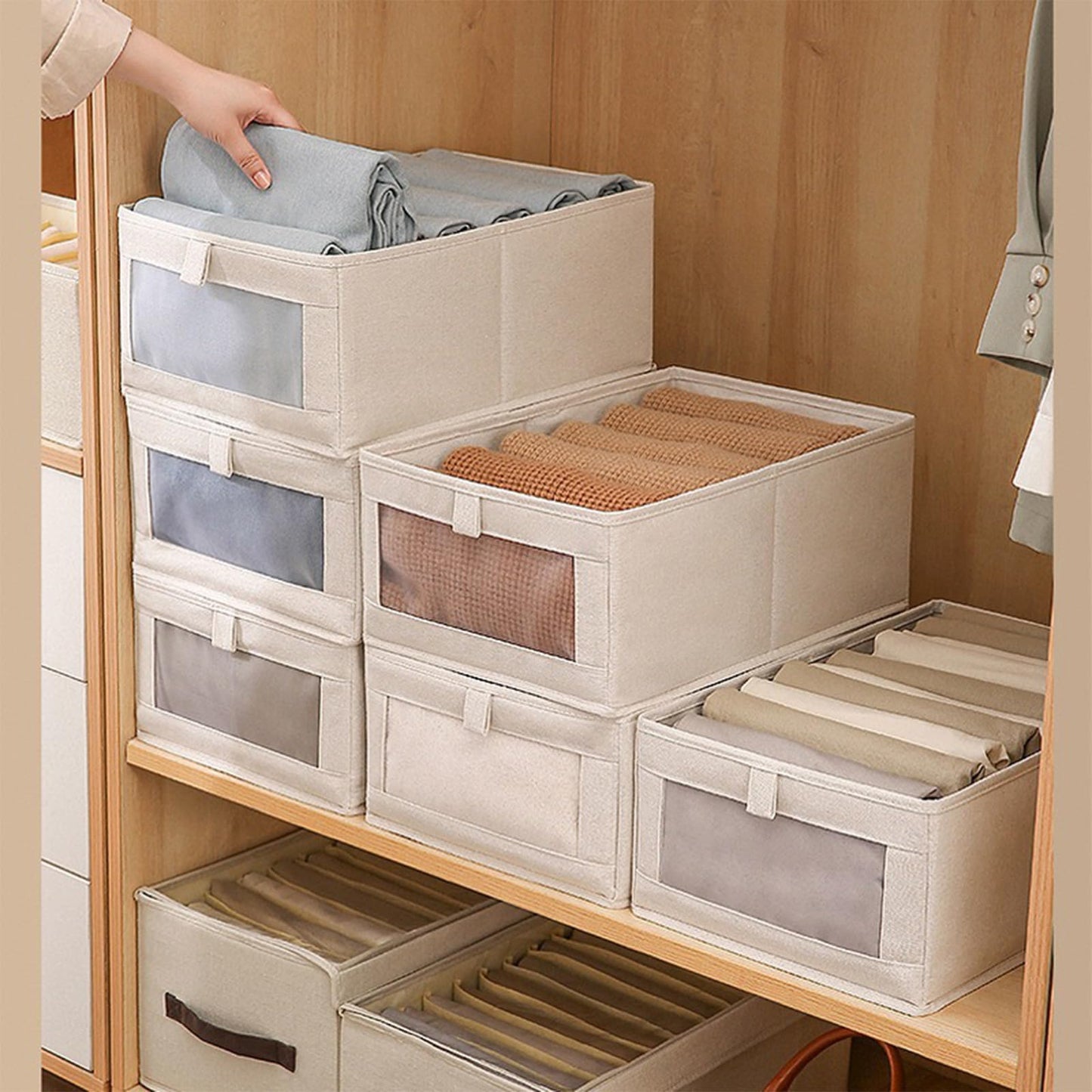 Pradnel Linen Closet Organizers And Storage, 4 Pack Storage Bins Baskets for Organization Foldable Organizer with Clear Window Organizing Clothing, Jeans, Shelves