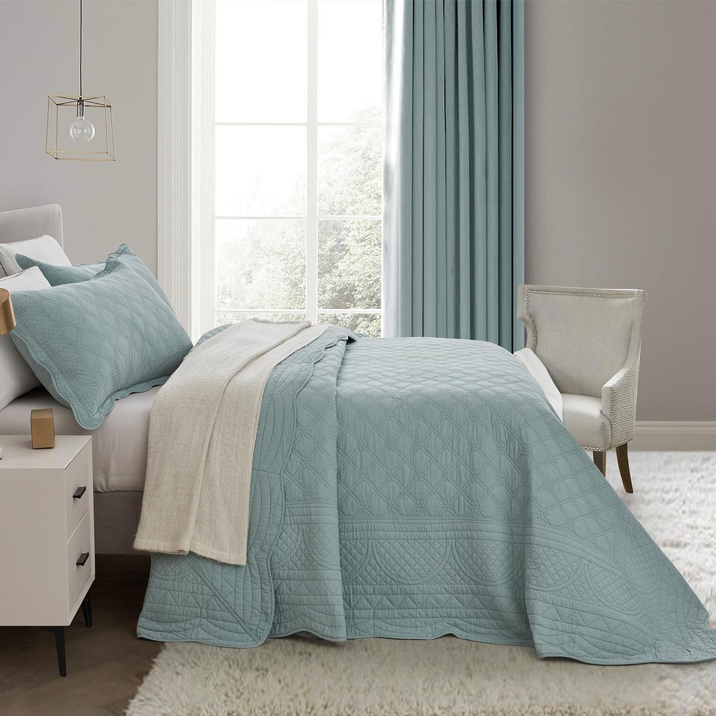 CHIXIN Cotton Bedspread Full Size - Real Stitching - Luxury Quilted Bedding Cover for All Season, Reversible, Ultra Soft, Lightweight, 3 Piece, Pale Blue