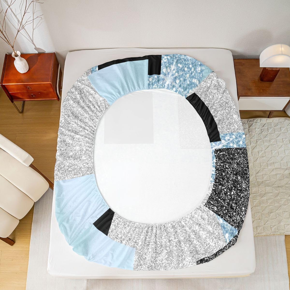 Feelyou Modern Abstract Bed Sheets Set Queen Size Geometric Aesthetic Bed Set for Kids Boys Girls Blue Glitter Deep Pocket Fitted Sheet Breathable Soft Lightweight Microfiber