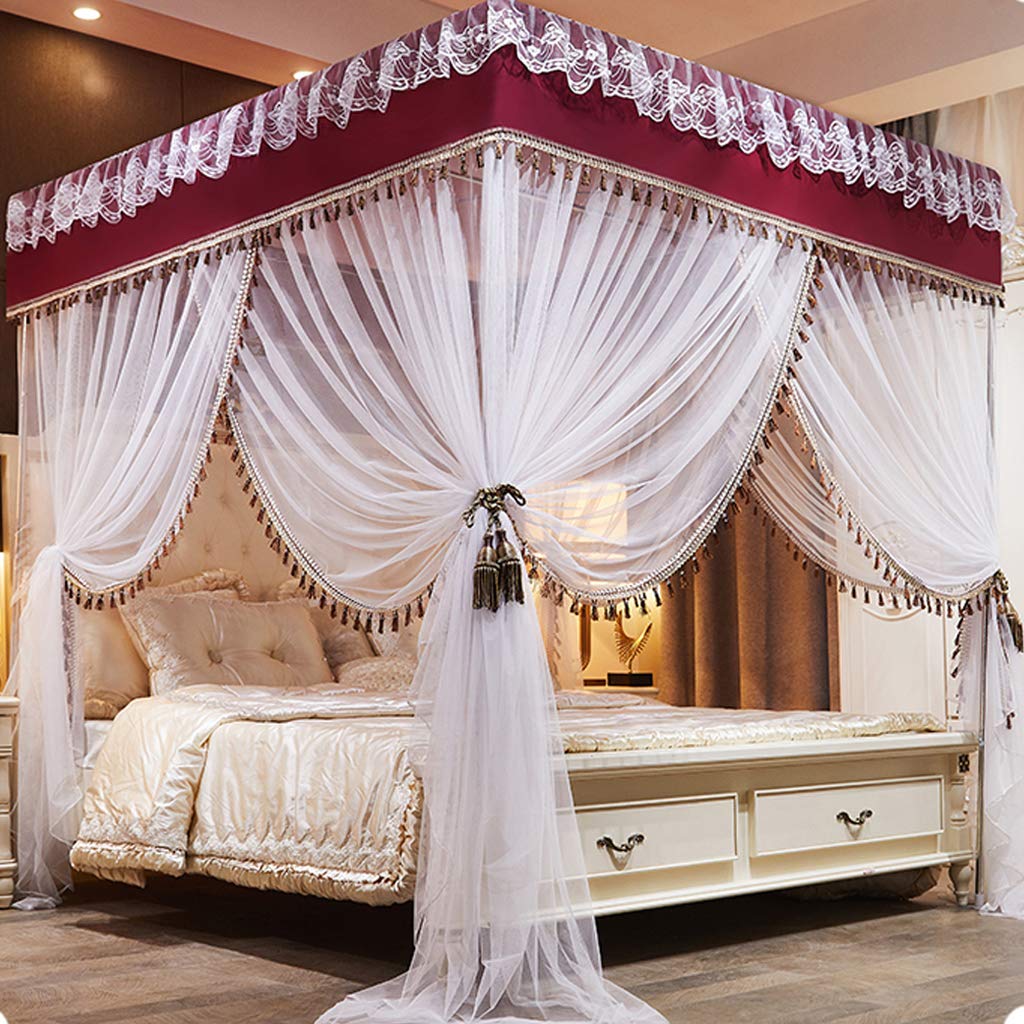SCMTY Princess 4 Corner Post Bed Canopy & Cute Mosquito Net for Girls Bed Adult Bedroom Kids Rooms ; Curtain Net for Twin/Full/Queen/King Size Bed (Solid-Wine Red, Queen)