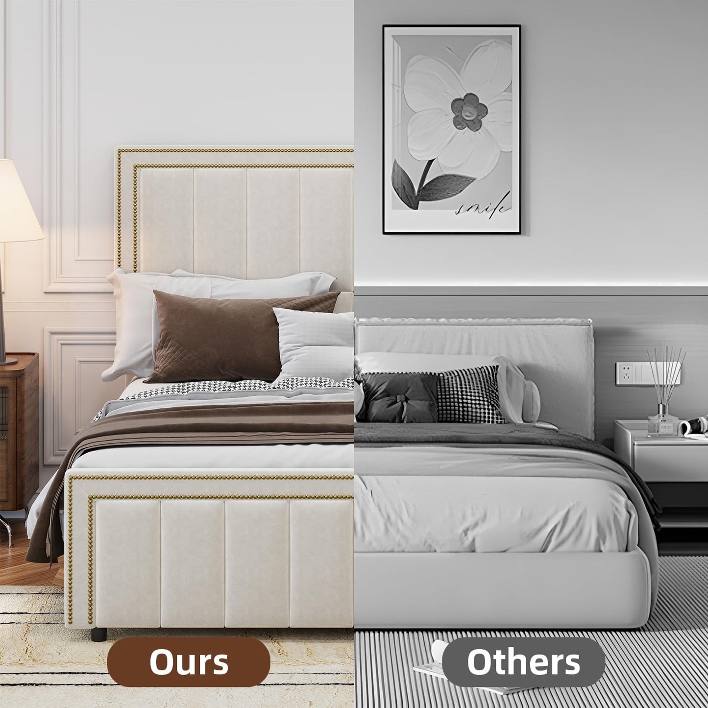 BarnFurin Queen Bed Frame with 50" Tall Headboard and Footboard, Chenille Upholstered Platform Bed, Vertical Channel Tufting with Nailhead Trim, No Box Spring Needed, Easy Assembly, Beige