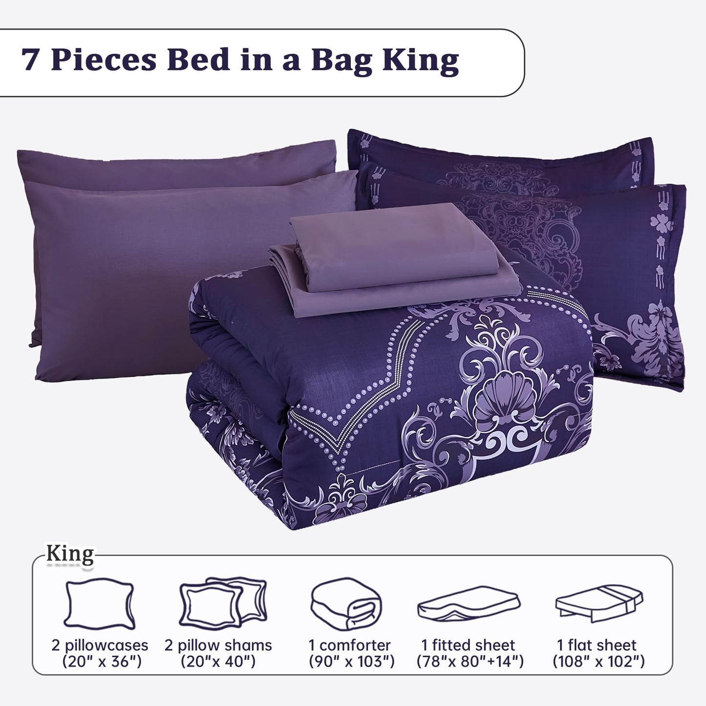 Mybedsoul 7 Pieces Dark Purple Comforter Set King Size, Damask Bed in a Bag for King Bed, Lightweight Microfiber Boho Bedding Sets with Comforter, Sheet, Pillowcases & Shams for All Season(90"x104")