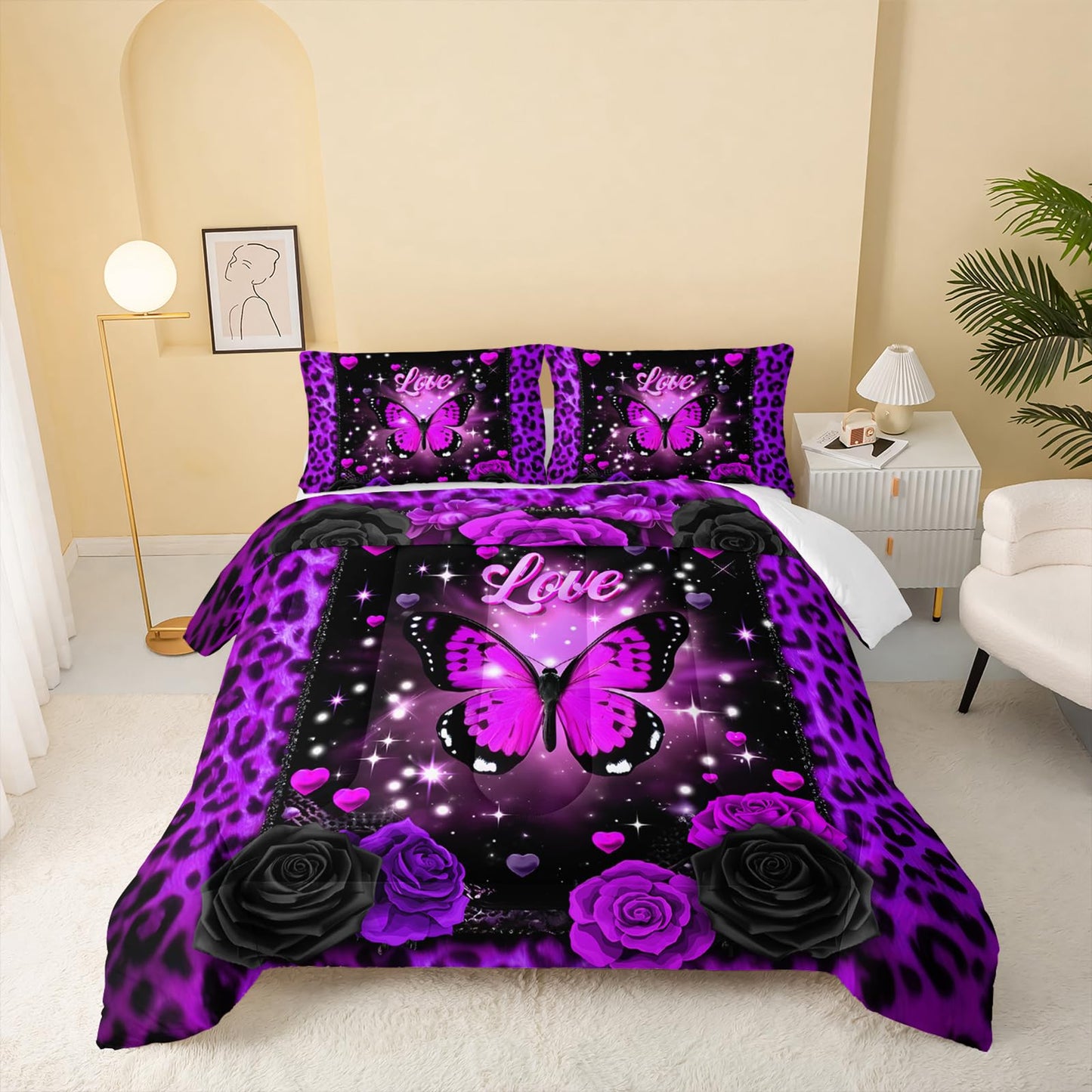 QOOMO 3Pcs Leopard Print Comforter Set Queen Size,Cartoon Butterfly Bedding Set for Teens Boys Girls,Purple Comforter with 2 Pillowcases,Soft and Lightweight
