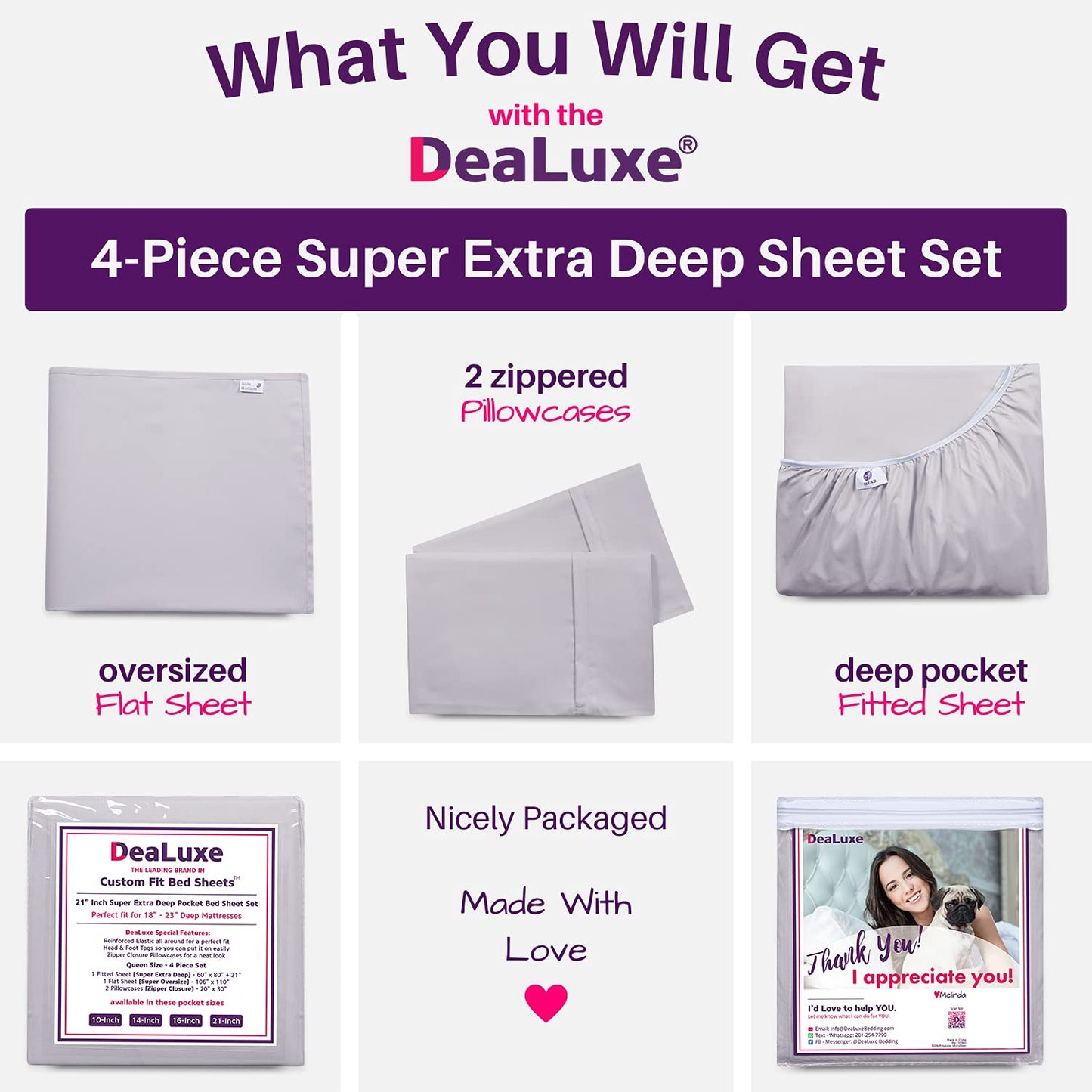 Extra Deep Pocket King Size Sheets – 21” King Sheet Sets Deep Pocket – [4 Piece Set] King Bed Sheets Oversize Flat Sheet, Fitted Sheet, 2 Zippered Pillowcases – 18”–23” King Sheets – Grey Lavender