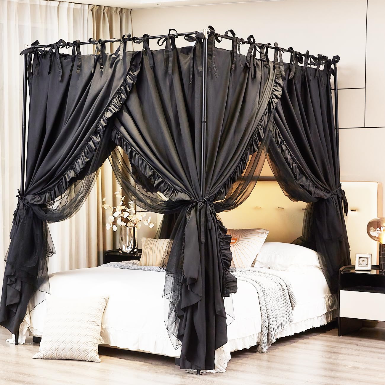Akiky 4 Corners Post Canopy Bed Curtains Double Layer Cozy Drape Netting 4 Opening Mosquito Net Mesh for Girls Bedroom Decoration(Black,King)