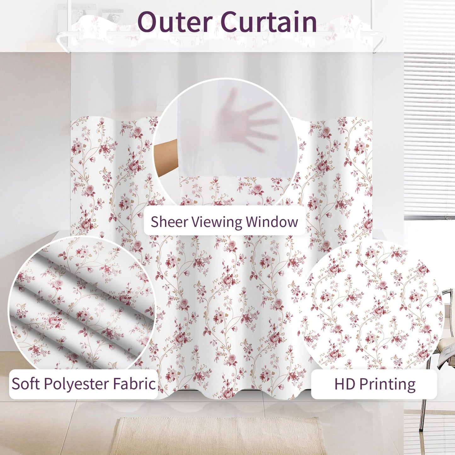 NAEMBCU Boho Floral No Hook Shower Curtain with Snap in Liner Set 71x74 in