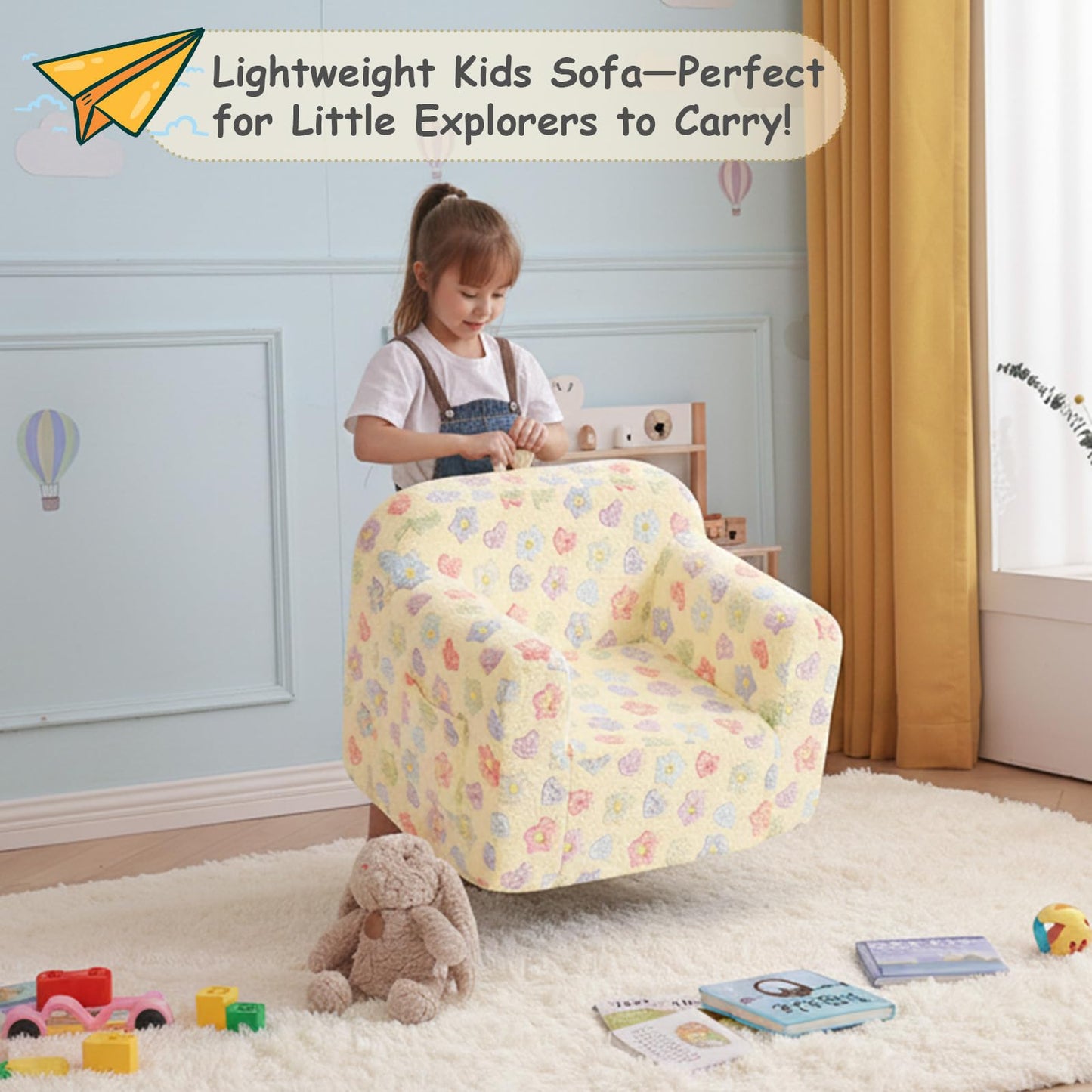 Tiita Kids Sofa, Childrens Couch with Carry Handle, Portable Toddler Foam Sofa Couch, Lightweight Kids Chair for Playroom, Dorm Room, Small Space, Flower
