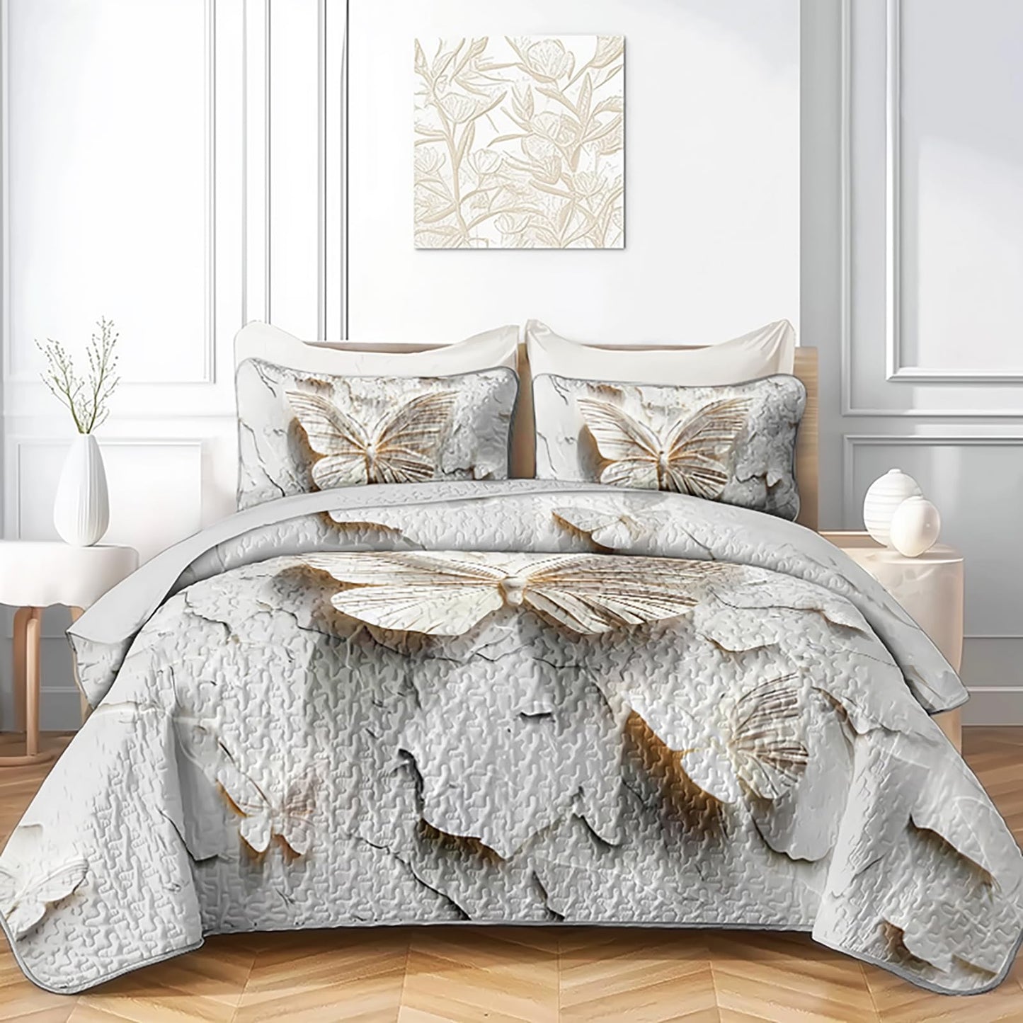 QOOMO Butterfly Print Kids Quilt Set,Cartoon Insects Bedding Set Twin Size,White Room Decoration Soft and Lightweight for All Seasons,1 Quilt Set 2 Pillowcases