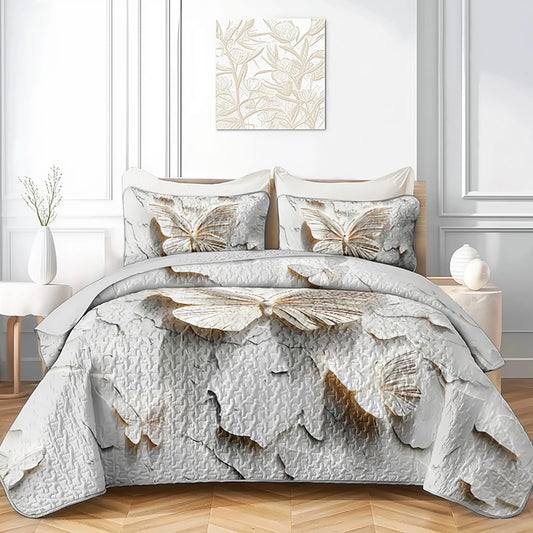 QOOMO Butterfly Print Kids Quilt Set,Cartoon Insects Bedding Set Twin Size,White Room Decoration Soft and Lightweight for All Seasons,1 Quilt Set 2 Pillowcases