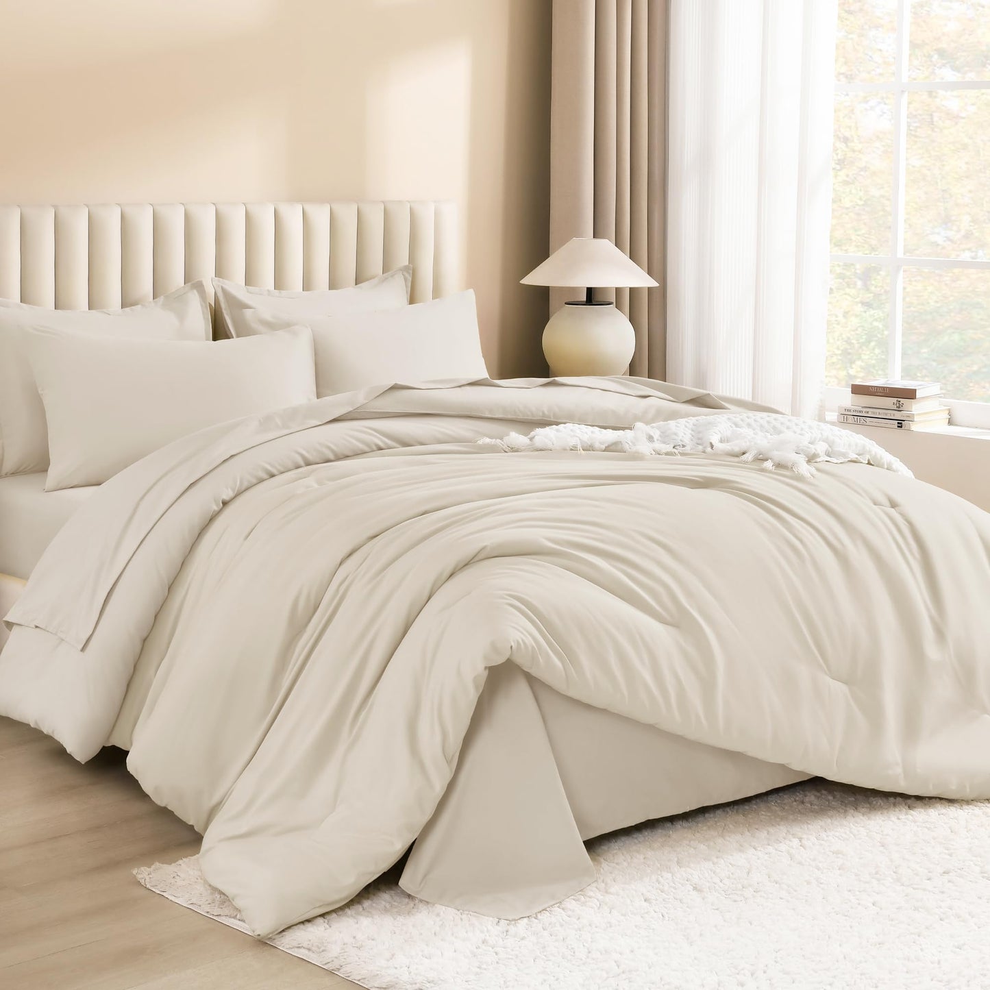 Litanika Bed in a Bag Queen Beige - 7 Pieces Queen Comforter Set Bedding Comforter Sets, Solid Fluffy Bed Set with Comforter, Sheets, Pillowcases & Shams